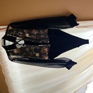 Black/gold metallic long-sleeve women's bodysuit